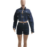 Elastic denim shorts long sleeved set