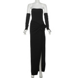Solid color sleeve set, strapless jumpsuit, split skirt set