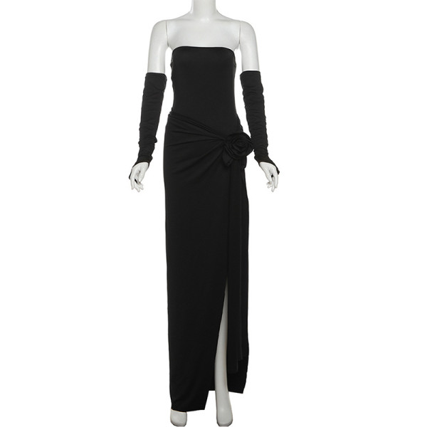 Solid color sleeve set, strapless jumpsuit, split skirt set