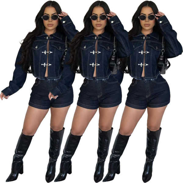 Elastic denim shorts long sleeved set