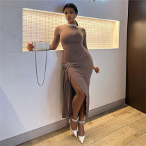 Round neck long sleeved irregular lace up slit pleated dress Round neck long sleeved irregular lace up slit pleated dress