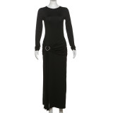 Round neck long sleeved irregular lace up slit pleated dress
