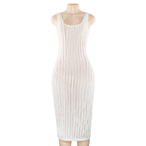 Sleeveless wave slim fit hip hugging long dress