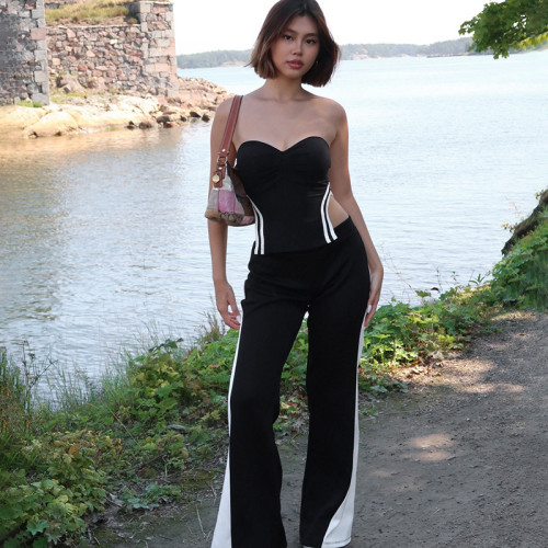 Color blocking curved splicing elastic straight horn pants