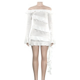 One shoulder long sleeved patchwork black fungus edge ribbon dress