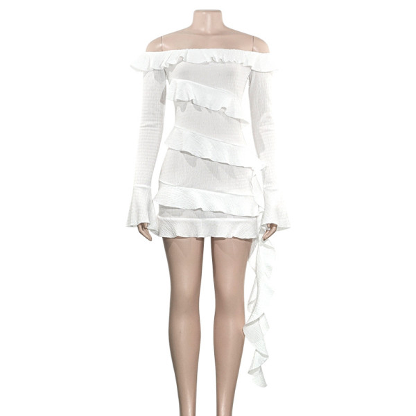 One shoulder long sleeved patchwork black fungus edge ribbon dress