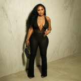 Hanging neck deep V-neck lace see through strap backless jumpsuit
