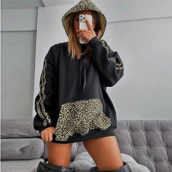 Leopard print patchwork drawstring pocket loose hooded sweatshirt