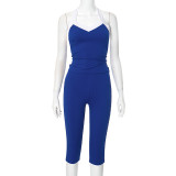 Color blocking neck hanging vest top, tight fitting mid length pants two-piece set