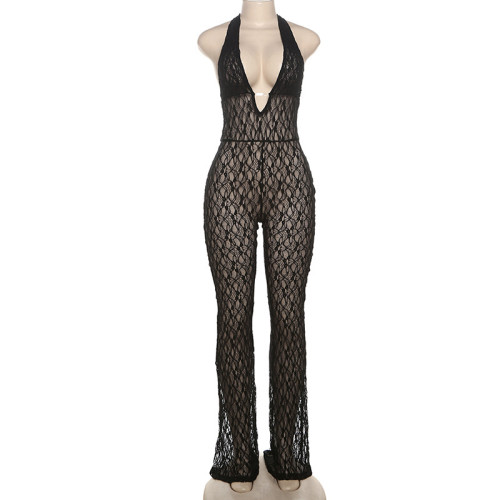 Hanging neck deep V-neck lace see through strap backless jumpsuit