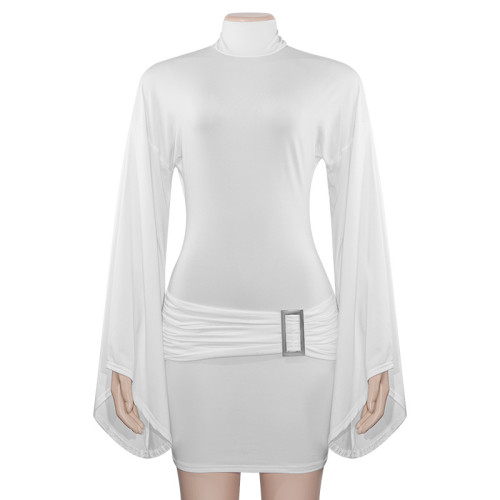 Round neck slim fit metal buckle low waist hip hugging women's dress