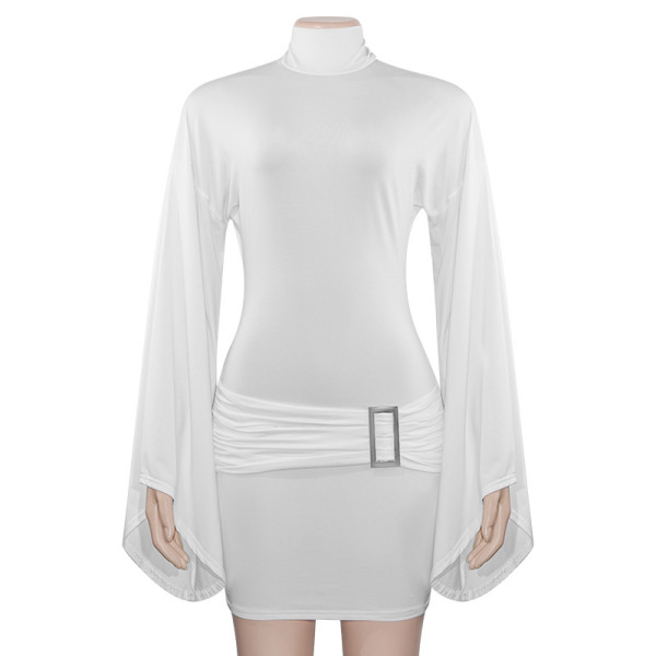 Round neck slim fit metal buckle low waist hip hugging women's dress