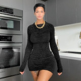 Round neck long sleeved pleated slim fit short dress