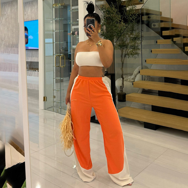 Color blocked striped elastic waistband loose wide leg pants