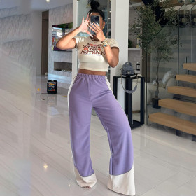 Color blocked striped elastic waistband loose wide leg pants