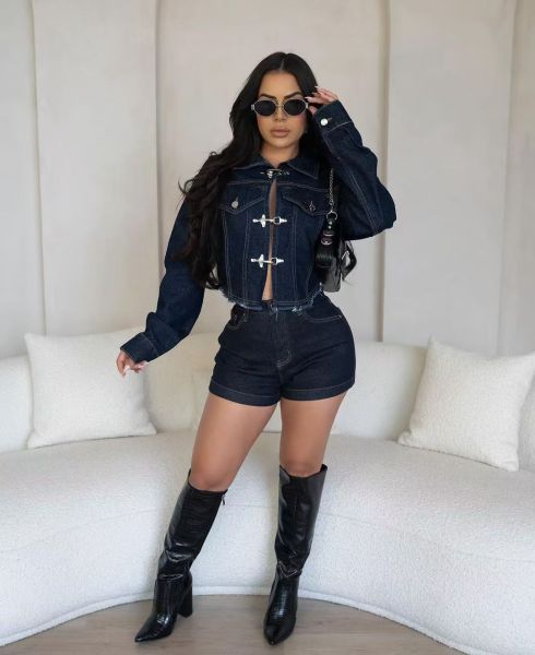 Elastic denim shorts long sleeved set