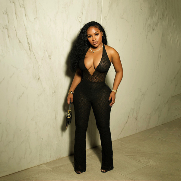Hanging neck deep V-neck lace see through strap backless jumpsuit