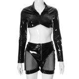 PU mirror leather zipper top, hollowed out hip hugging shorts set