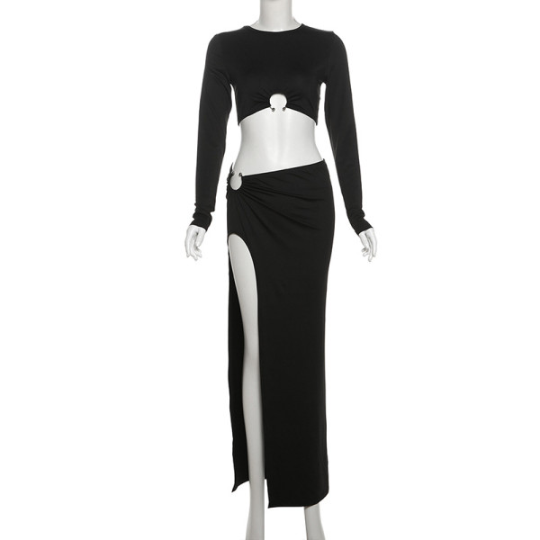 Round neck long sleeved T-shirt high slit skirt set