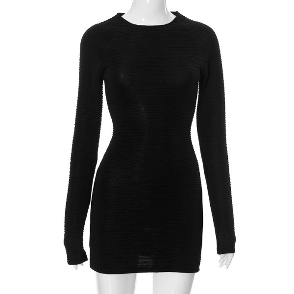 Round neck long sleeved pleated slim fit short dress