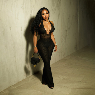 Hanging neck deep V-neck lace see through strap backless jumpsuit