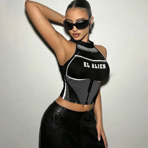 Letter printed neck hanging sleeveless short vest