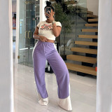 Color blocked striped elastic waistband loose wide leg pants