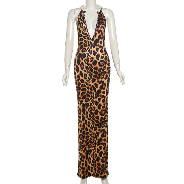 Hanging neck deep V-neck leopard print hip hugging dress