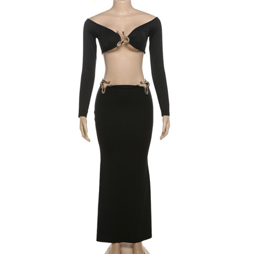 Long sleeved metal three-dimensional decoration exposed navel long skirt set