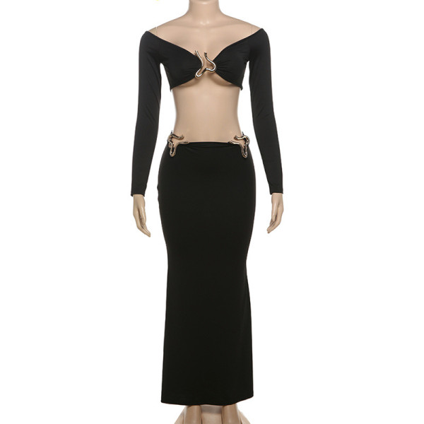 Long sleeved metal three-dimensional decoration exposed navel long skirt set