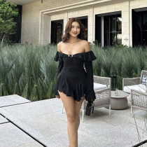 One shoulder backless ruffle edge solid color hip hugging dress One shoulder backless ruffle edge solid color hip hugging dress