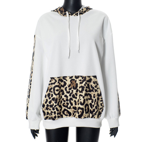 Leopard print patchwork drawstring pocket loose hooded sweatshirt