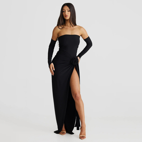 Solid color sleeve set, strapless jumpsuit, split skirt set