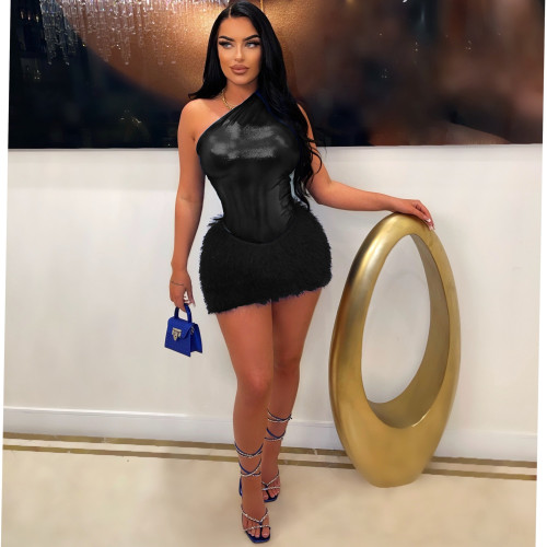 Women's sexy slim bag hip bright leather knitted wool one shoulder short skirt