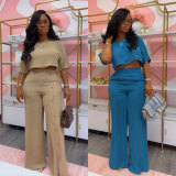 Solid color short sleeved wide leg pants two-piece set
