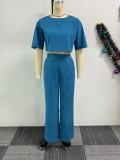 Solid color short sleeved wide leg pants two-piece set