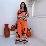 Printed diagonal shoulder irregular slit wide leg jumpsuit