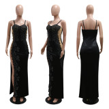 Irregular suspender waist hugging long skirt