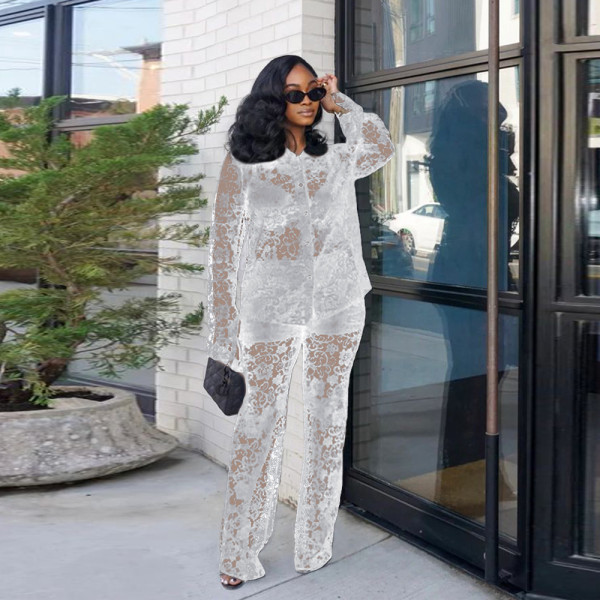 Lace patterned lapel see through set