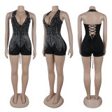 Hot stamping deep V-back strap hanging neck jumpsuit shorts