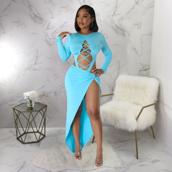 Long sleeved hollow out navel slit skirt set