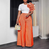 Round neck short sleeved striped contrasting wide leg pants two-piece set
