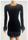 Velvet Feather Tight Round Neck Long Sleeve Hip Wrapping Dress Short Skirt
