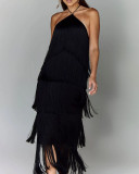 Hanging neck tassel backless slit dress