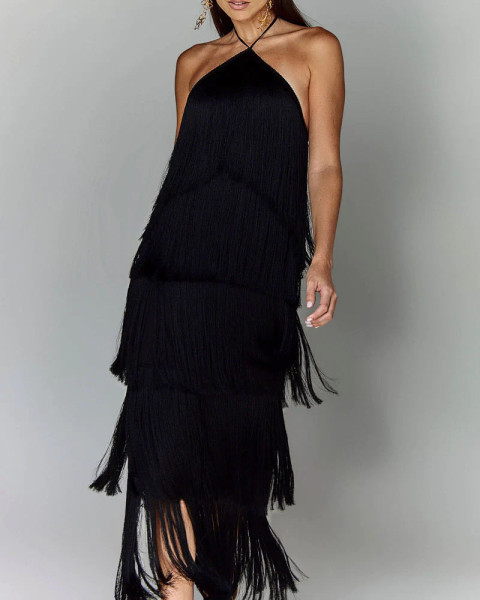 Hanging neck tassel backless slit dress