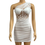 Slanted shoulder hollow pleated hip skirt