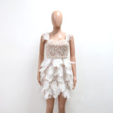 Nail bead feather V-neck waist cinching short dress