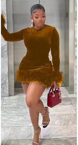 Velvet Feather Tight Round Neck Long Sleeve Hip Wrapping Dress Short Skirt