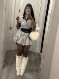 Collar striped short top pleated skirt set