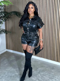 Pocket wide sleeved buttoned leather jumpsuit